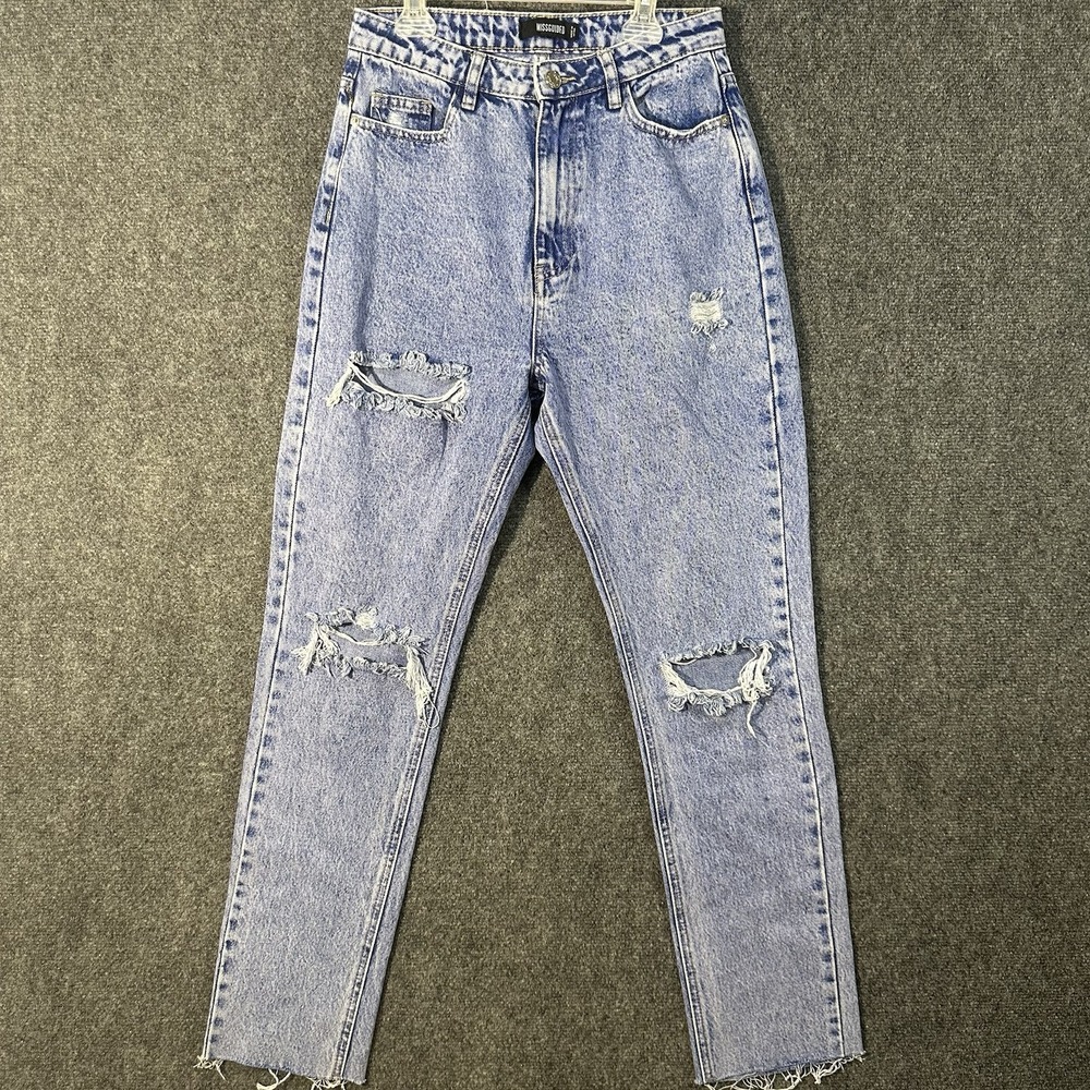 Missguided Womens High Waisted Distressed Mom Jeans Light Acid Wash Size 4 26x28